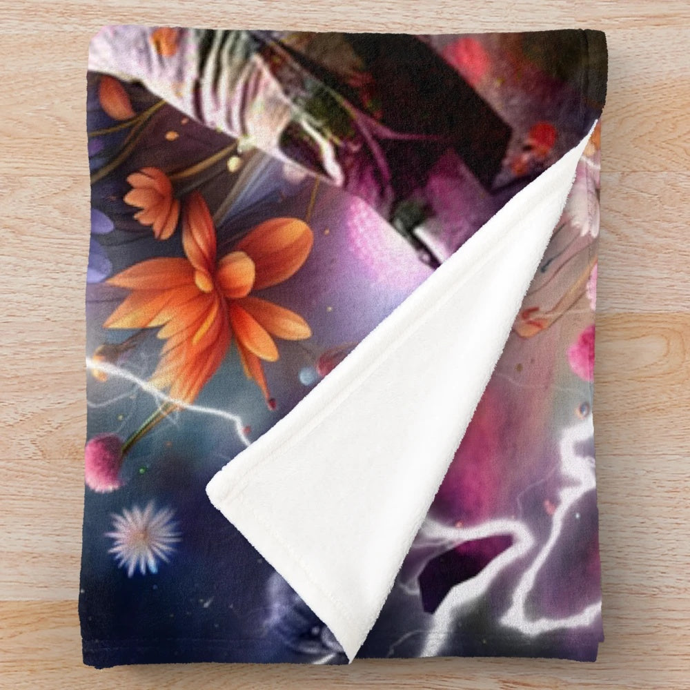 Vibrant retro flower power plush blanket with colorful psychedelic floral design