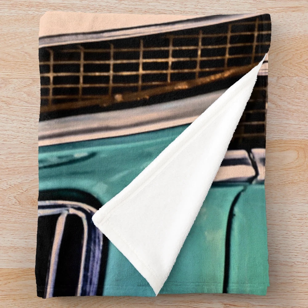 Vintage Ford Edsel inspired plush blanket with classic car grill and logo design