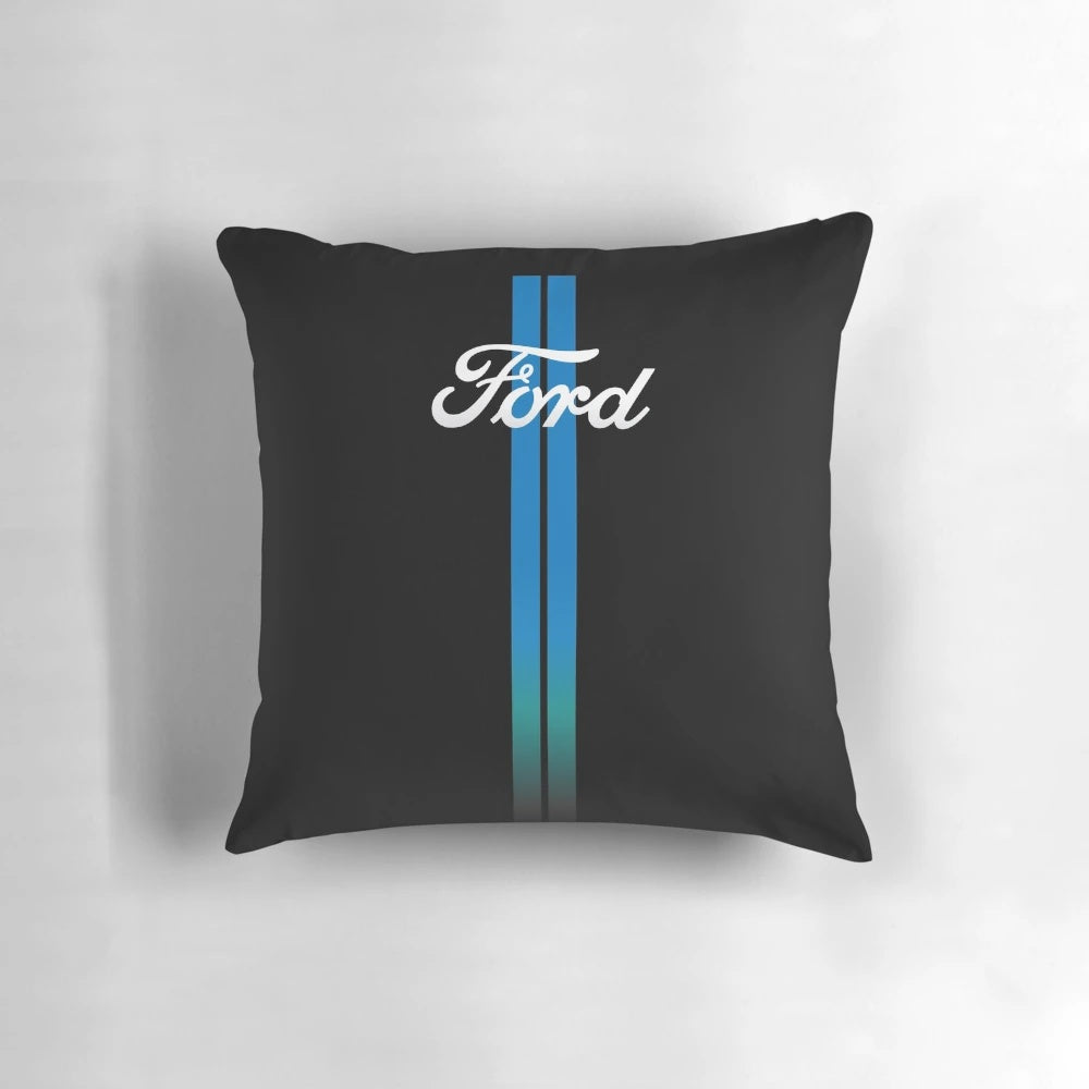 Retro Ford-inspired striped decorative pillow for car enthusiasts