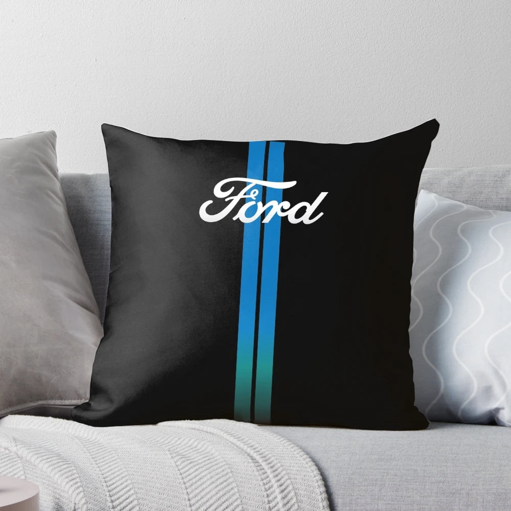 Retro Ford-inspired striped decorative pillow for car enthusiasts