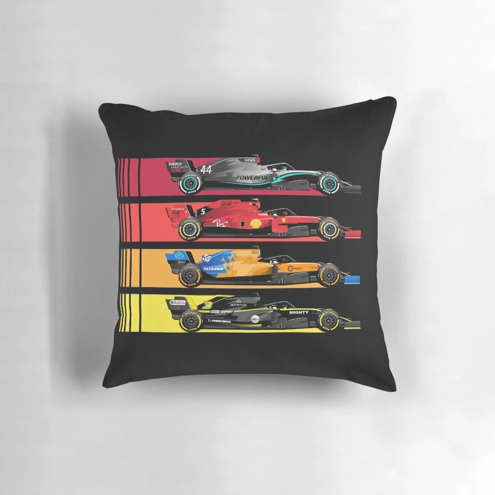 Vintage-style formula racing car pillow for motorsports fans