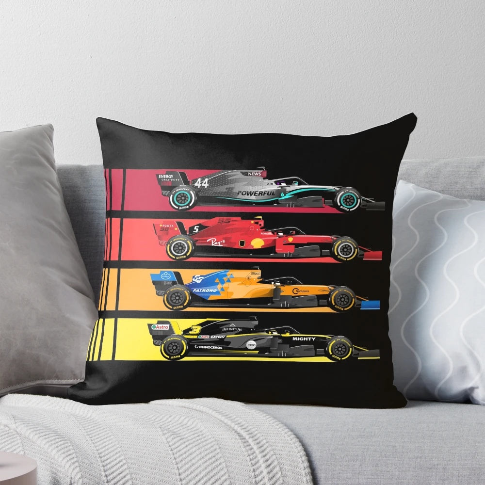Vintage-style formula racing car pillow for motorsports fans