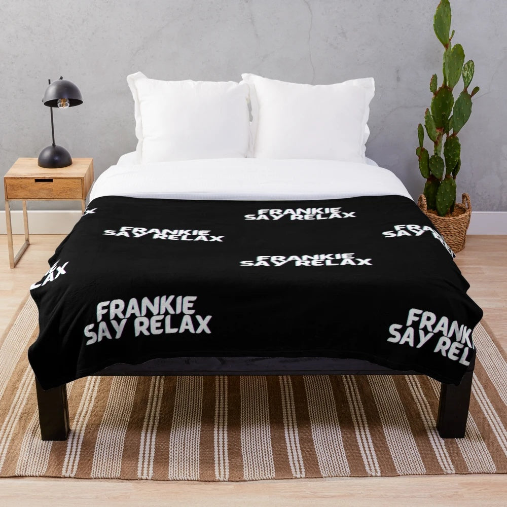 Retro "Frankie Says Relax" plush blanket with 80s music theme