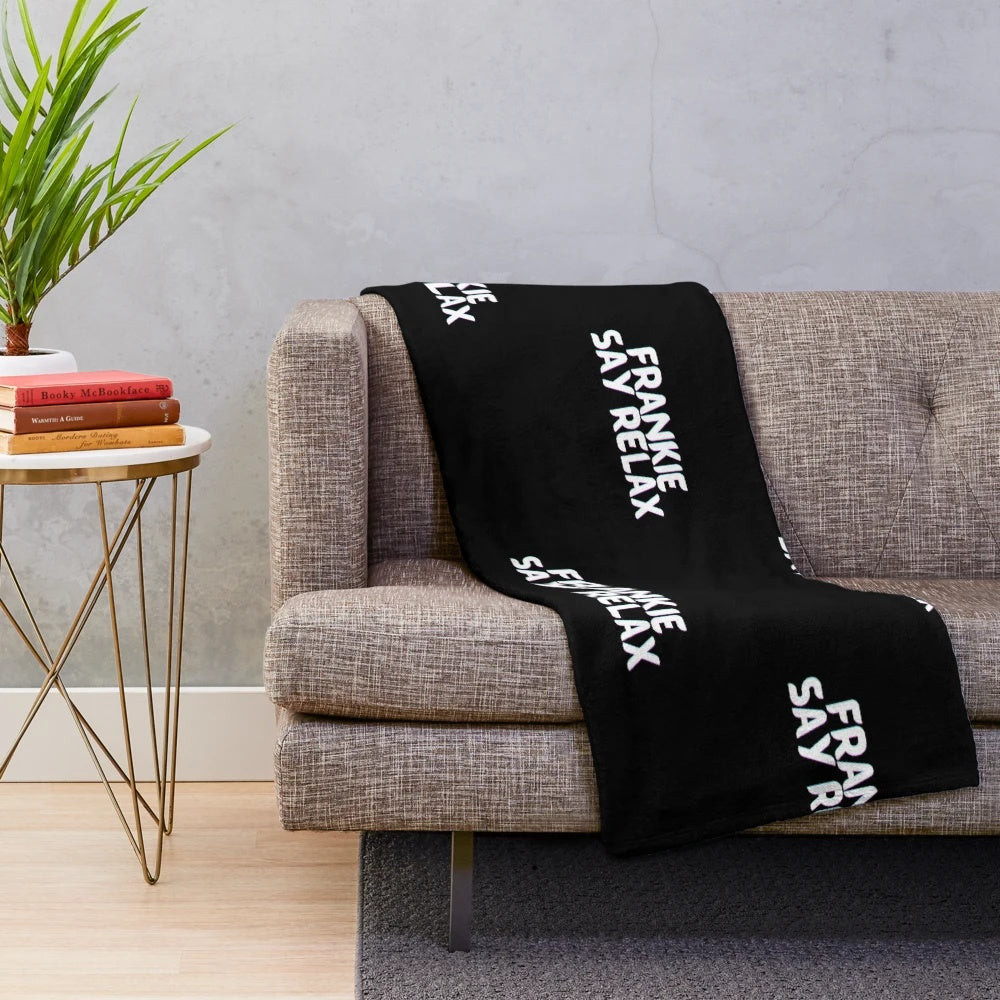 Retro "Frankie Says Relax" plush blanket with 80s music theme