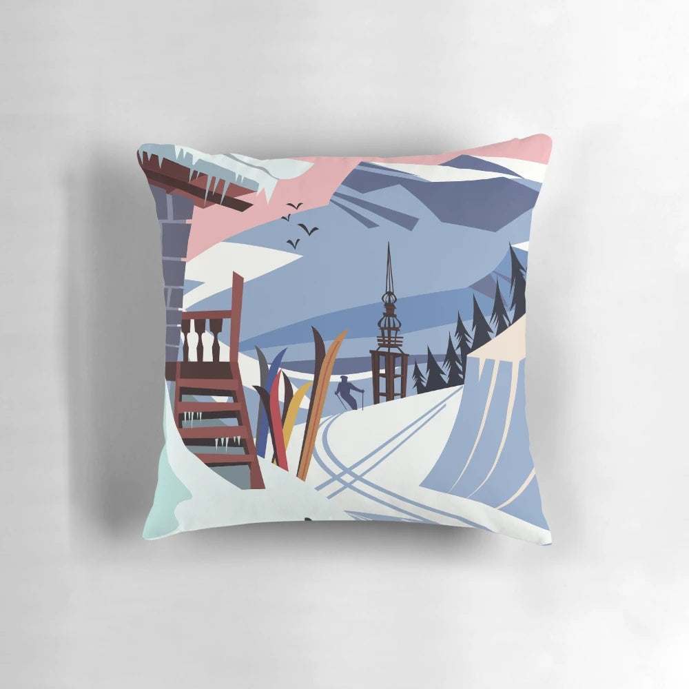 Vintage-style ski poster pillow featuring the Les Menuires ski resort in the French Alps