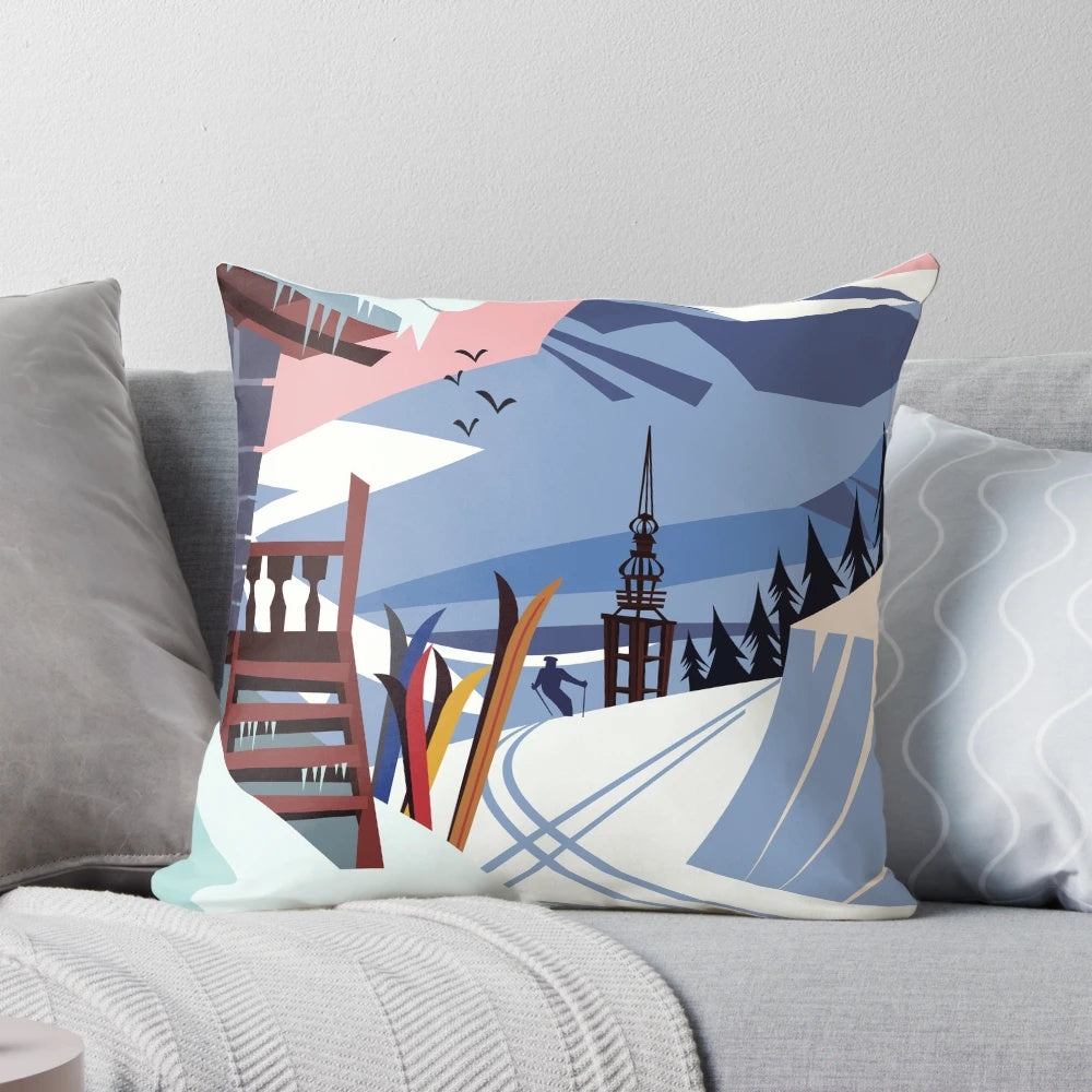 Vintage-style ski poster pillow featuring the Les Menuires ski resort in the French Alps