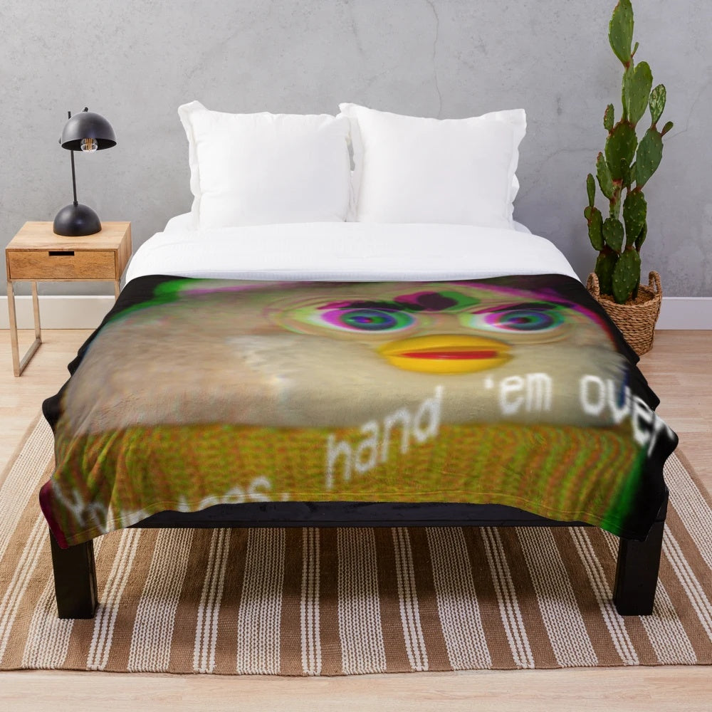 Cozy plush blanket featuring a vintage long furby design