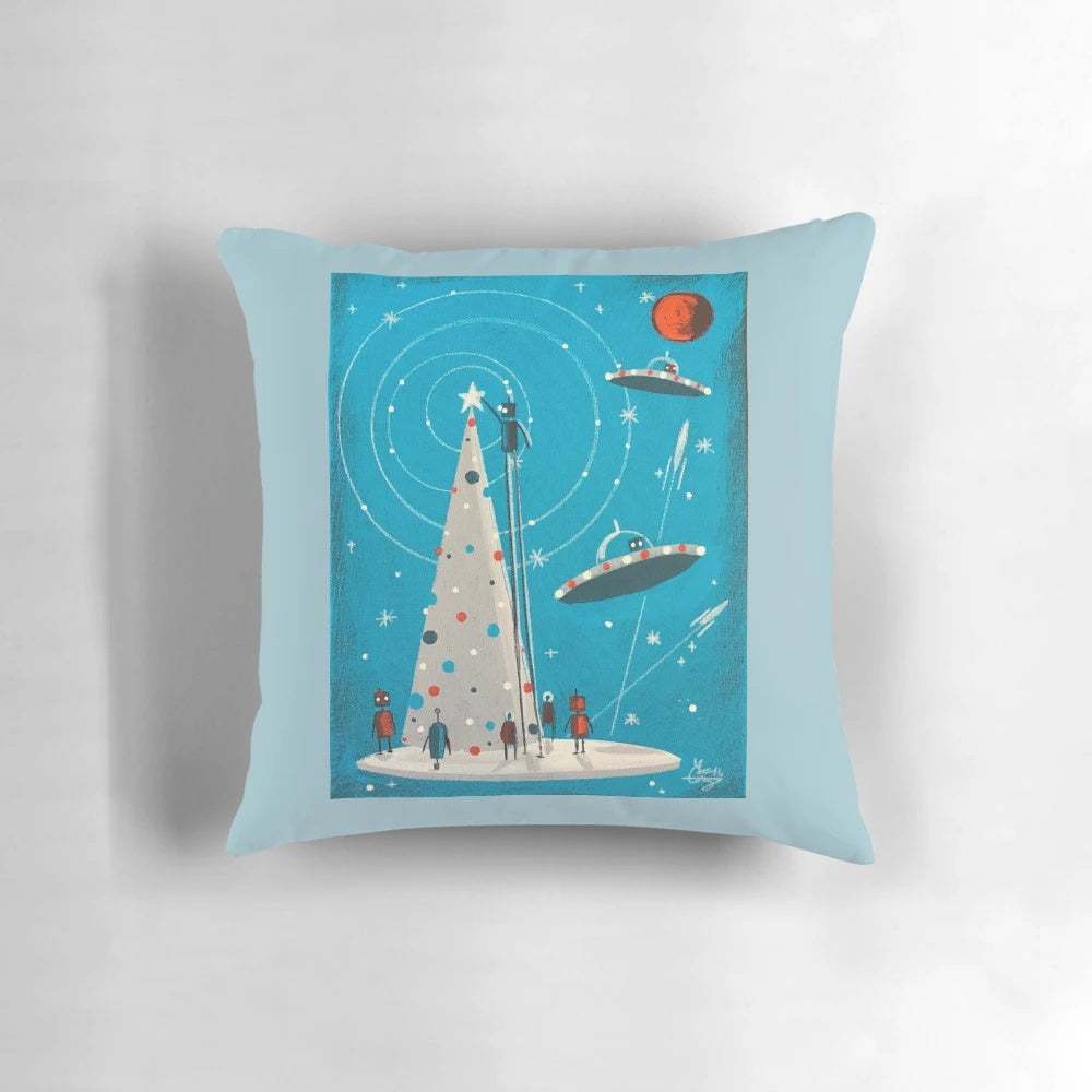 Xmas Machina Pillow - A retro-futuristic Christmas pillow featuring a robot and space-themed design