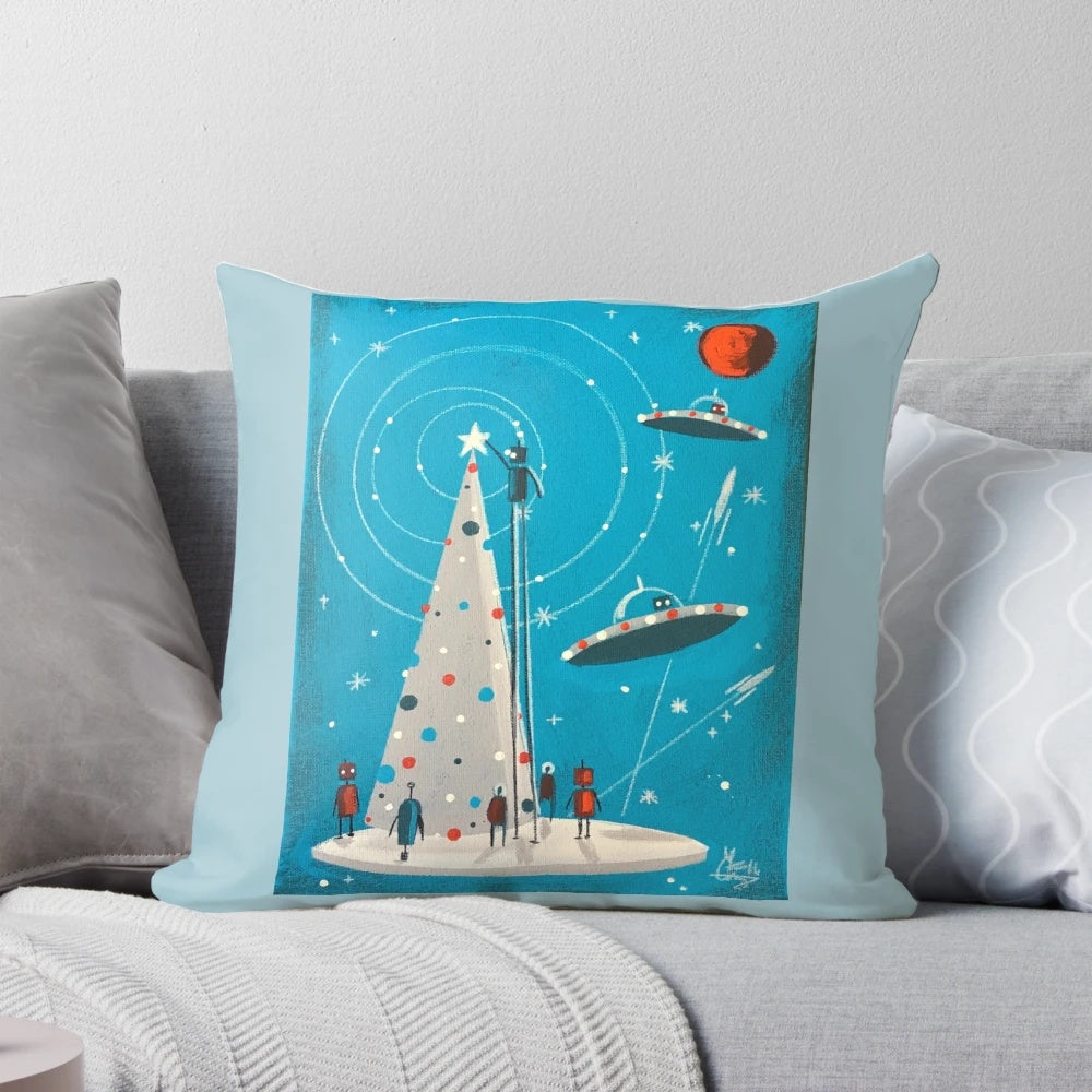 Xmas Machina Pillow - A retro-futuristic Christmas pillow featuring a robot and space-themed design
