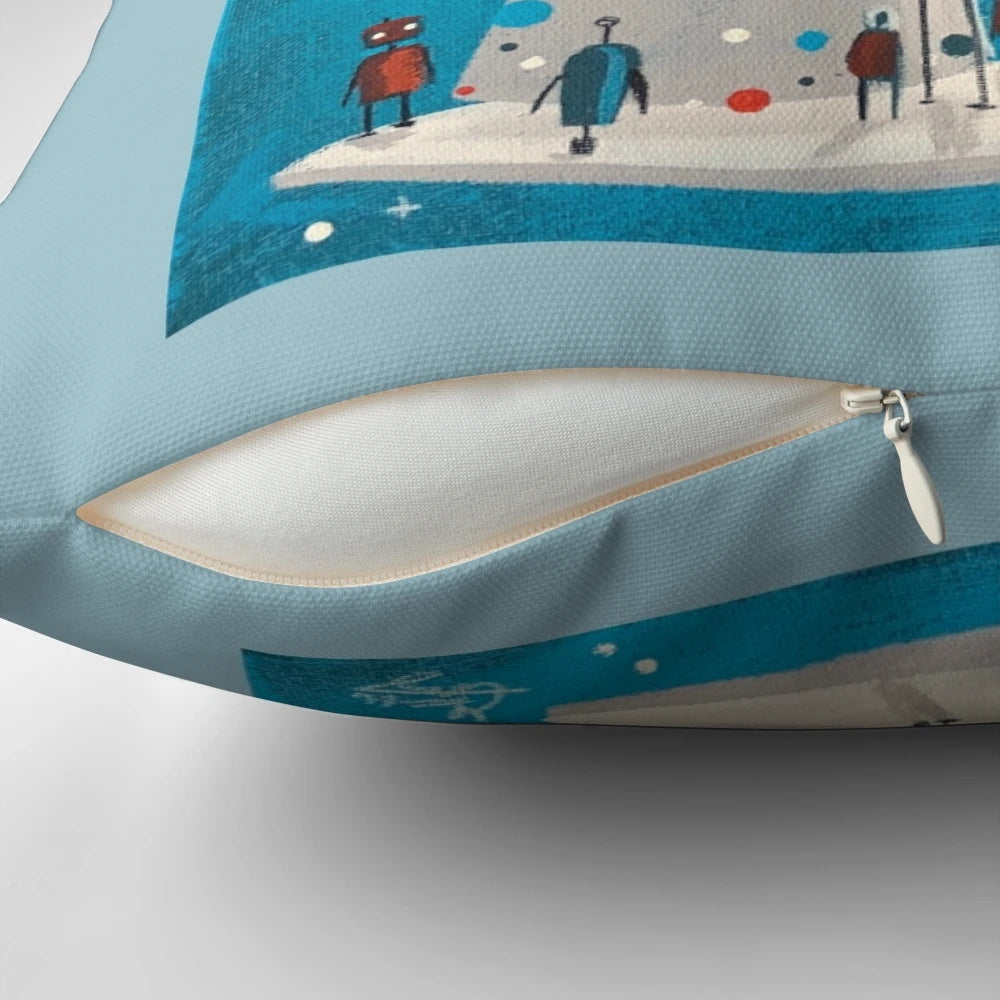 Xmas Machina Pillow - A retro-futuristic Christmas pillow featuring a robot and space-themed design