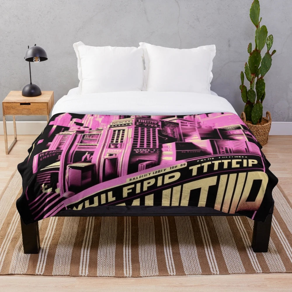 Futuristic city-themed plush blanket with geometric, abstract cinema design
