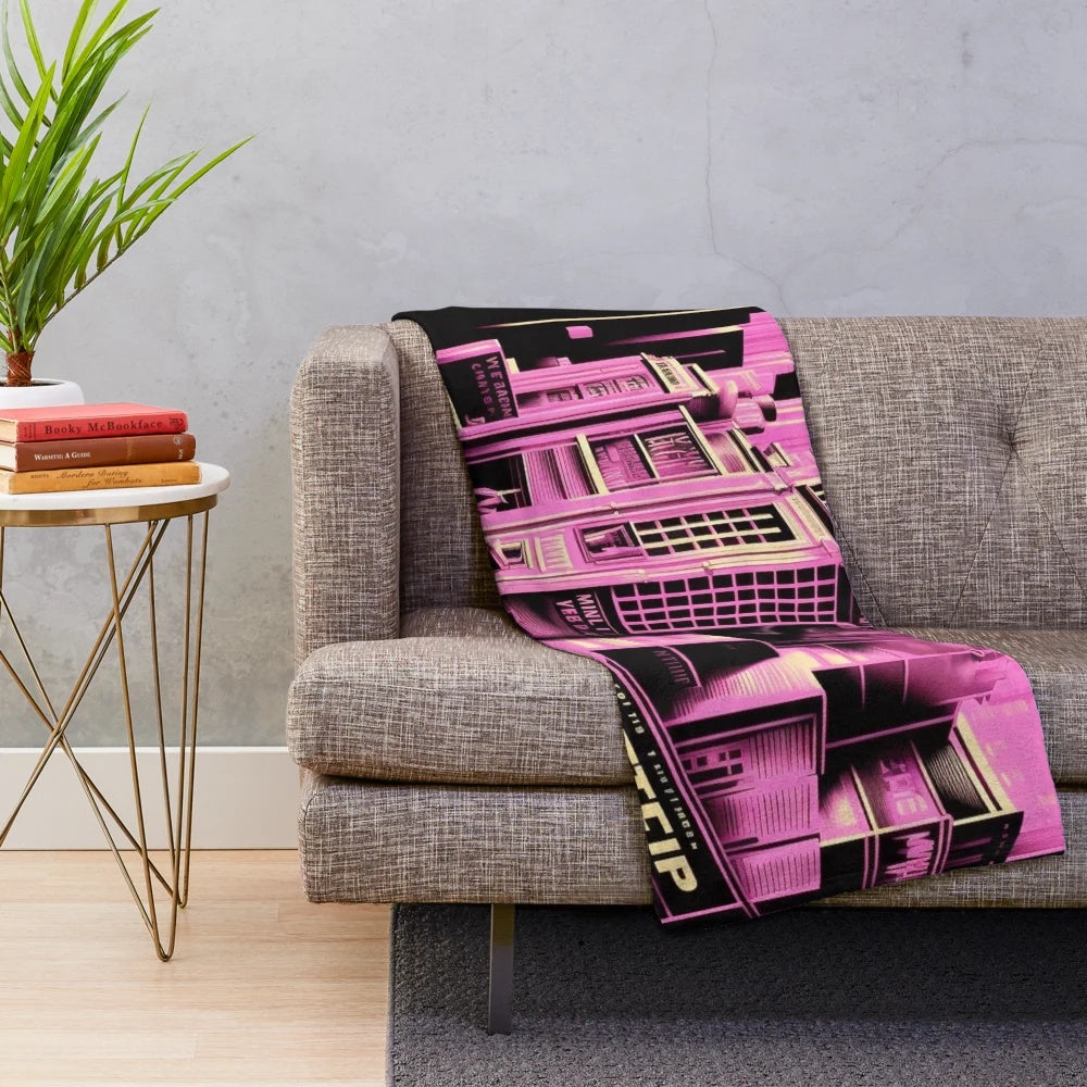 Futuristic city-themed plush blanket with geometric, abstract cinema design