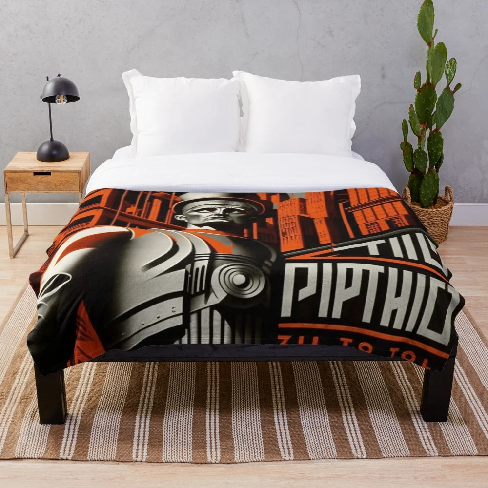 Retro futuristic city skyline plush blanket with cinema, movie theater, and light display design