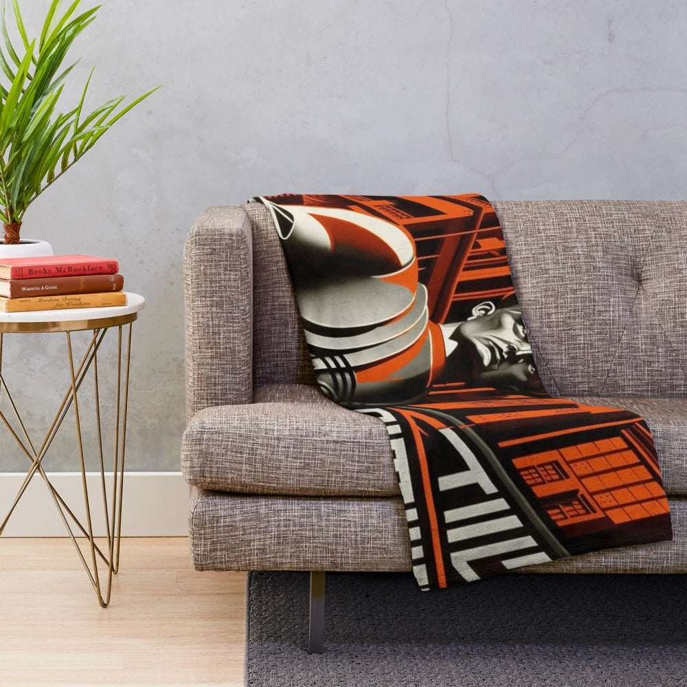 Retro futuristic city skyline plush blanket with cinema, movie theater, and light display design