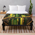 Futuristic plush blanket with cityscape and movie theater inspired design