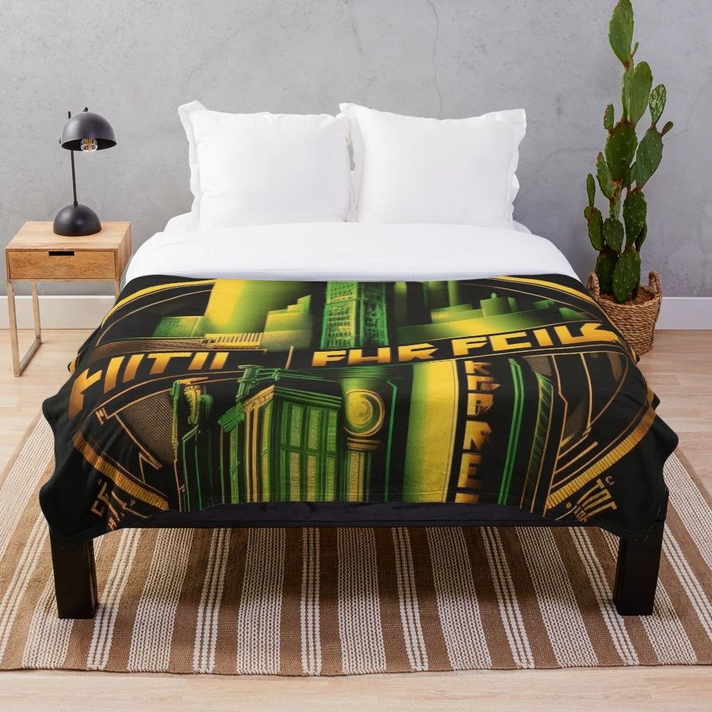 Futuristic plush blanket with cityscape and movie theater inspired design