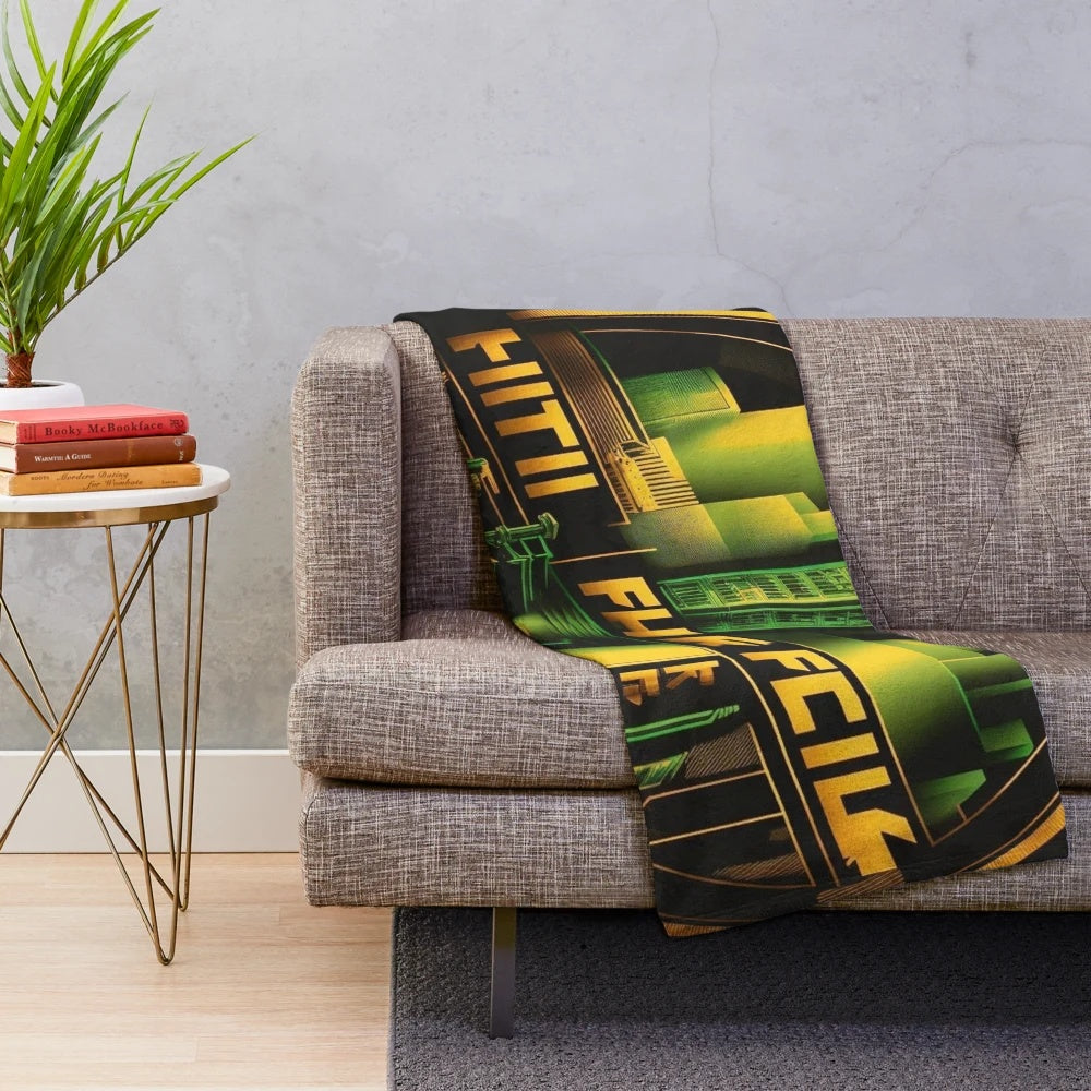Futuristic plush blanket with cityscape and movie theater inspired design