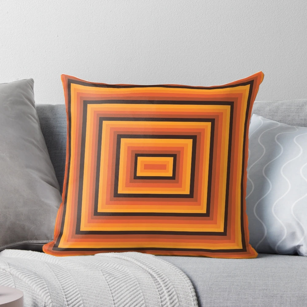 Vibrant orange mid-century modern geometric throw pillow with a hypnotic, retro-futuristic pattern