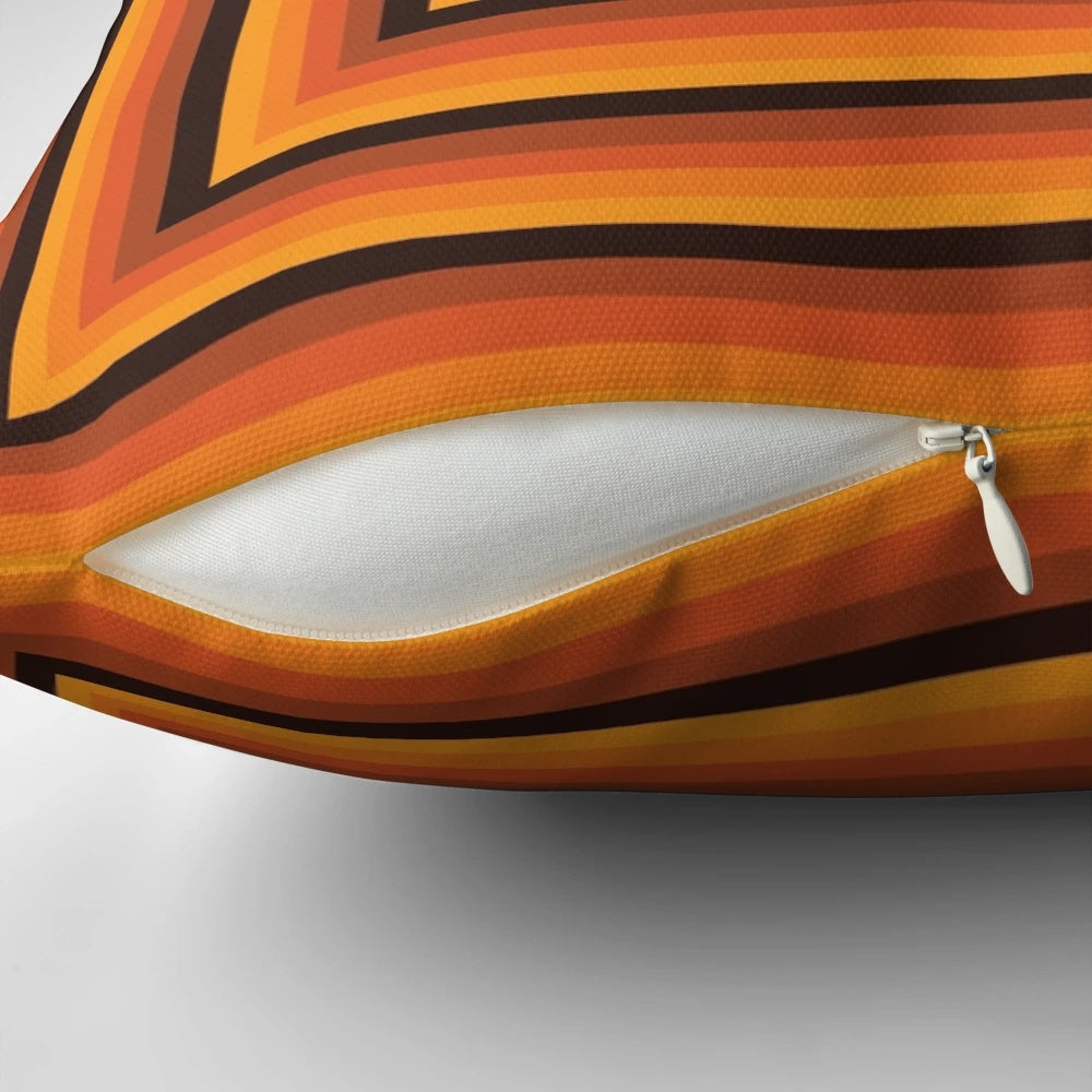 Vibrant orange mid-century modern geometric throw pillow with a hypnotic, retro-futuristic pattern