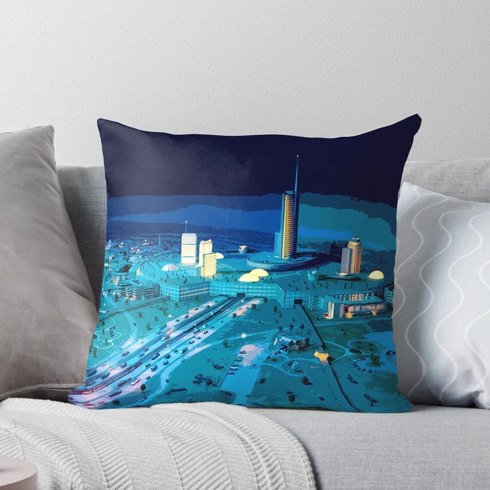 Vibrant "Progress City" inspired throw pillow with retro-futuristic Disney design