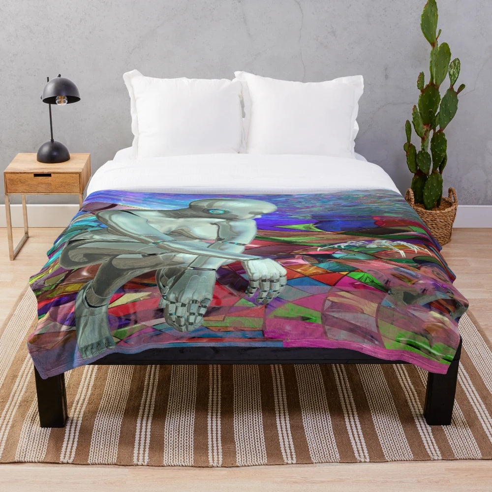 Retro futuristic robot plush blanket with alien and nature inspired patterns