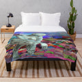 Retro futuristic robot plush blanket with alien and nature inspired patterns