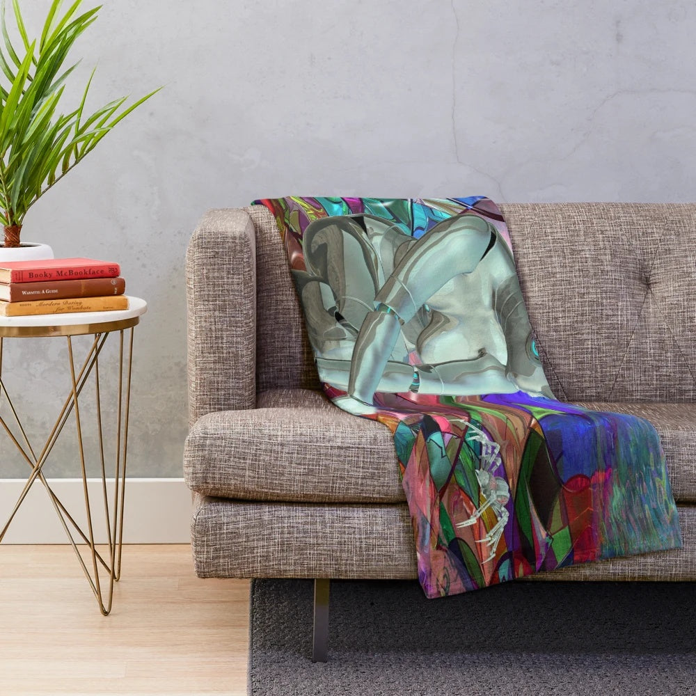 Retro futuristic robot plush blanket with alien and nature inspired patterns