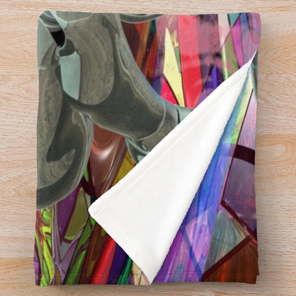 Retro futuristic robot plush blanket with alien and nature inspired patterns