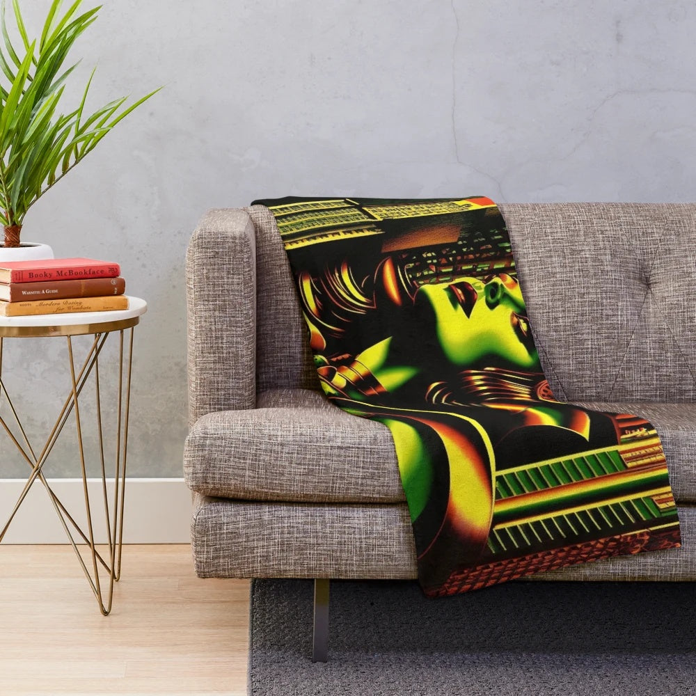 Retro futuristic sci-fi movie inspired plush blanket with digital art color palette