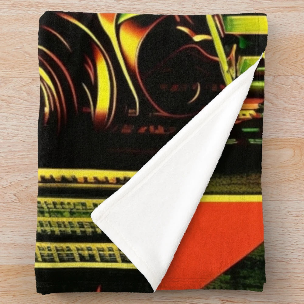 Retro futuristic sci-fi movie inspired plush blanket with digital art color palette