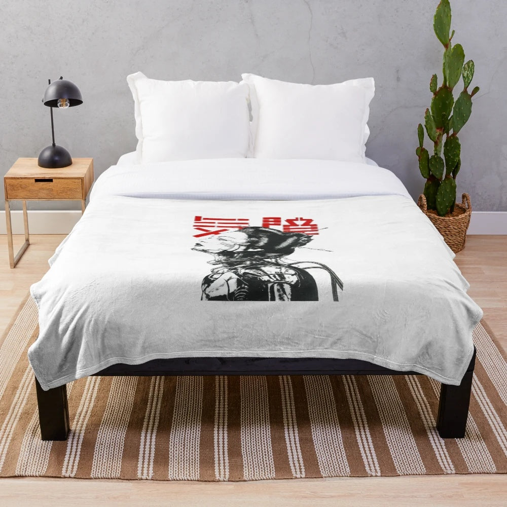 Vaporwave Japanese cyberpunk plush blanket with retro futuristic design