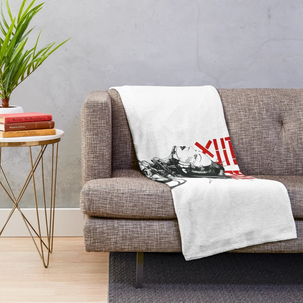 Vaporwave Japanese cyberpunk plush blanket with retro futuristic design