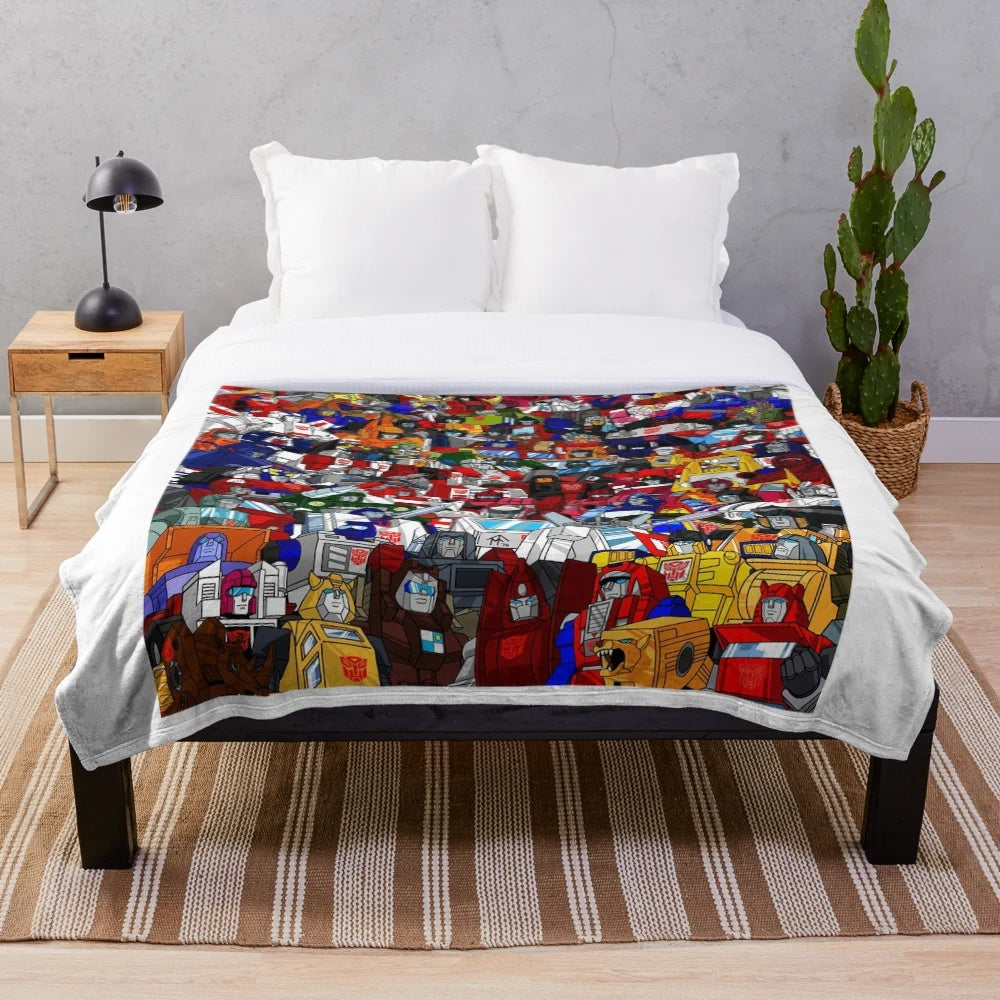 Retro G1 Transformers Autobots plush blanket featuring iconic characters