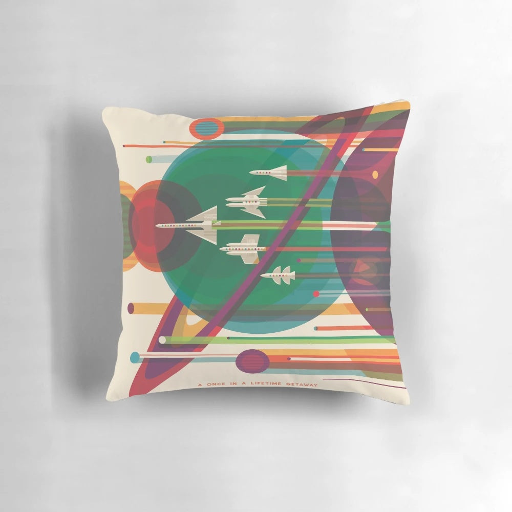 Retro space poster design featuring a vintage rocket ship and planetary exploration on a plush throw pillow.