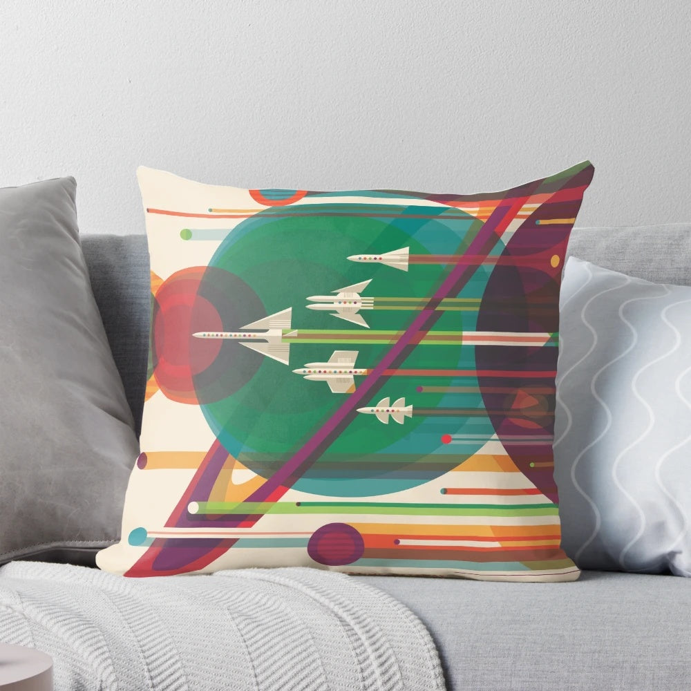 Retro space poster design featuring a vintage rocket ship and planetary exploration on a plush throw pillow.