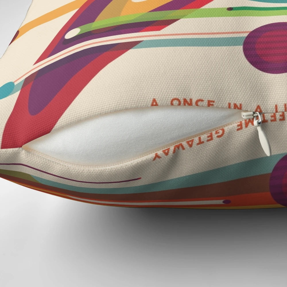 Retro space poster design featuring a vintage rocket ship and planetary exploration on a plush throw pillow.