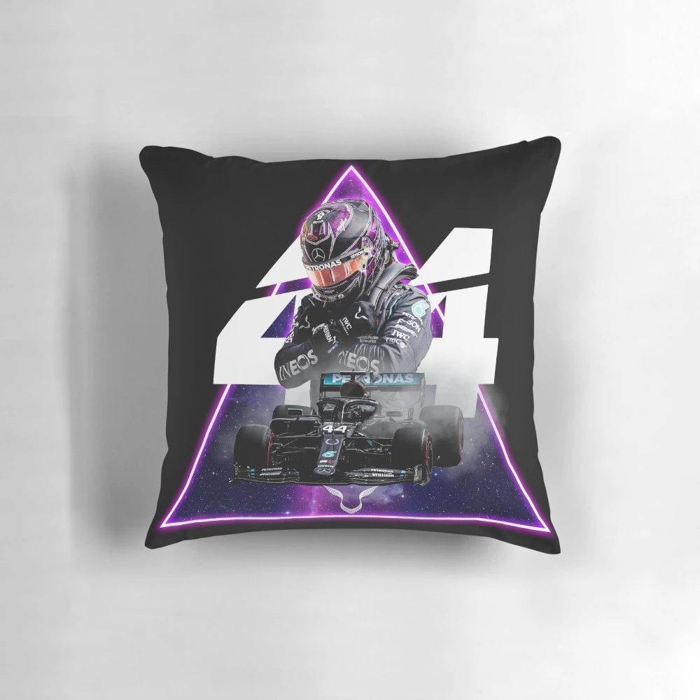 Vibrant abstract galaxy design pillow featuring a retro-style Mercedes racing car