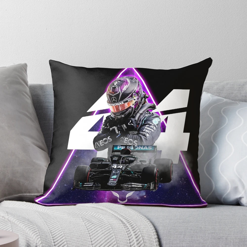 Vibrant abstract galaxy design pillow featuring a retro-style Mercedes racing car