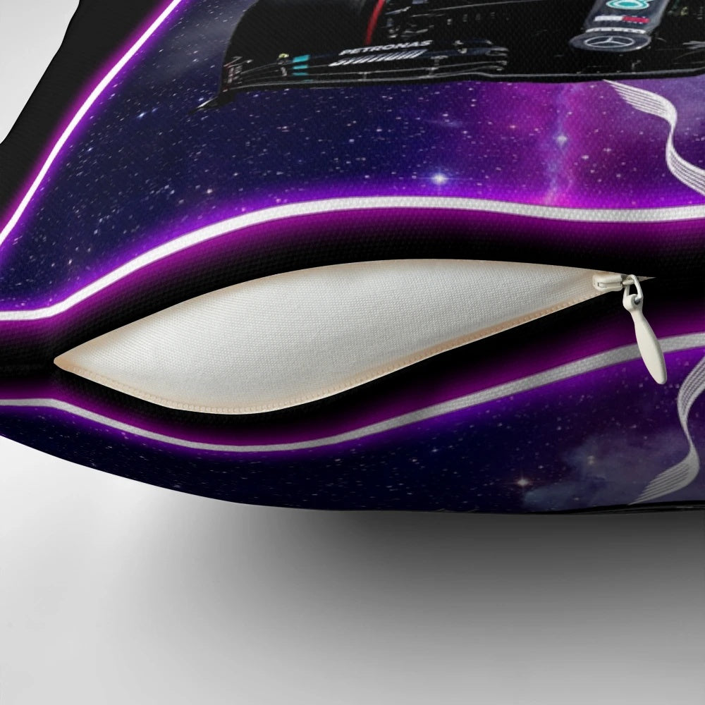 Vibrant abstract galaxy design pillow featuring a retro-style Mercedes racing car