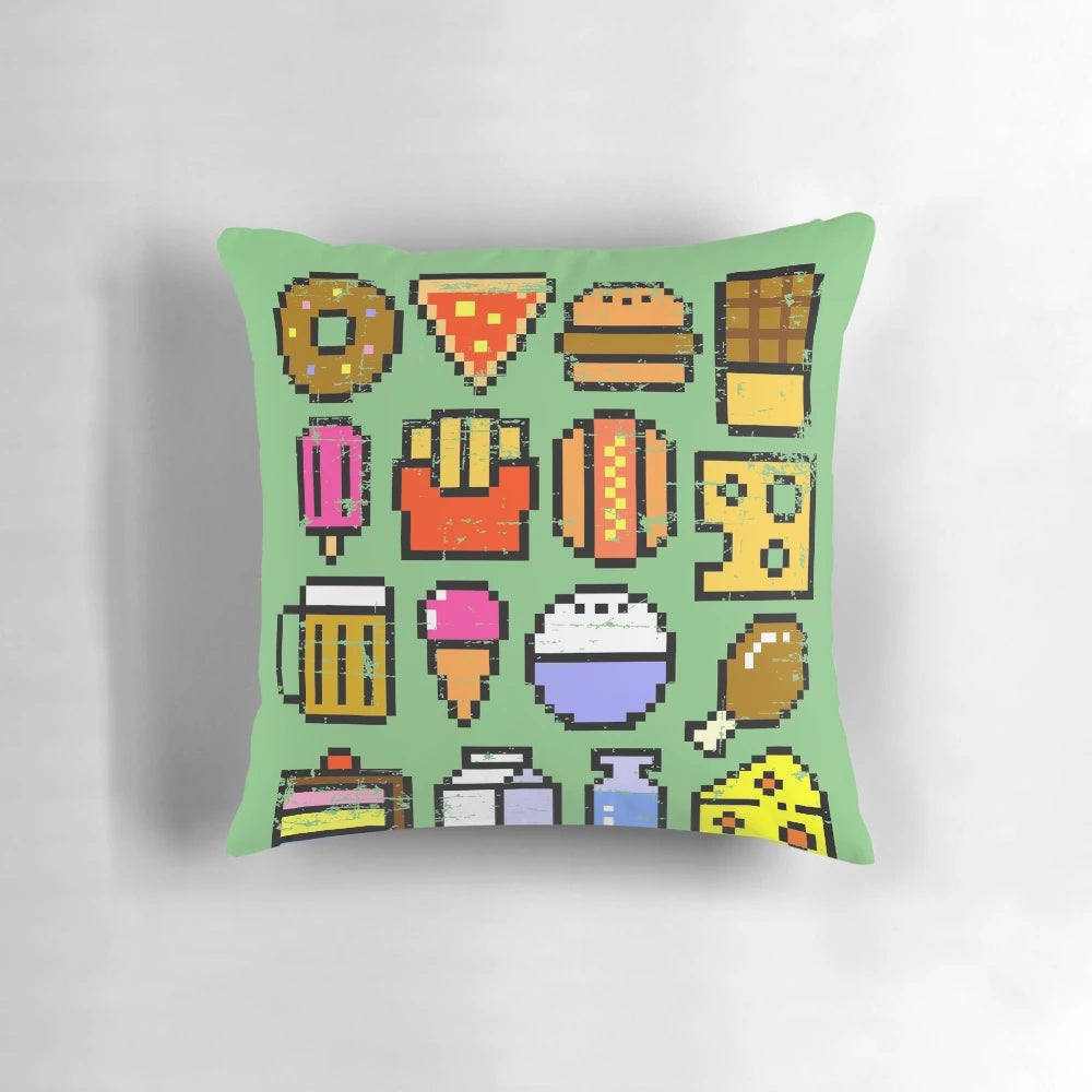 Retro 8 bit style food-themed distressed throw pillow