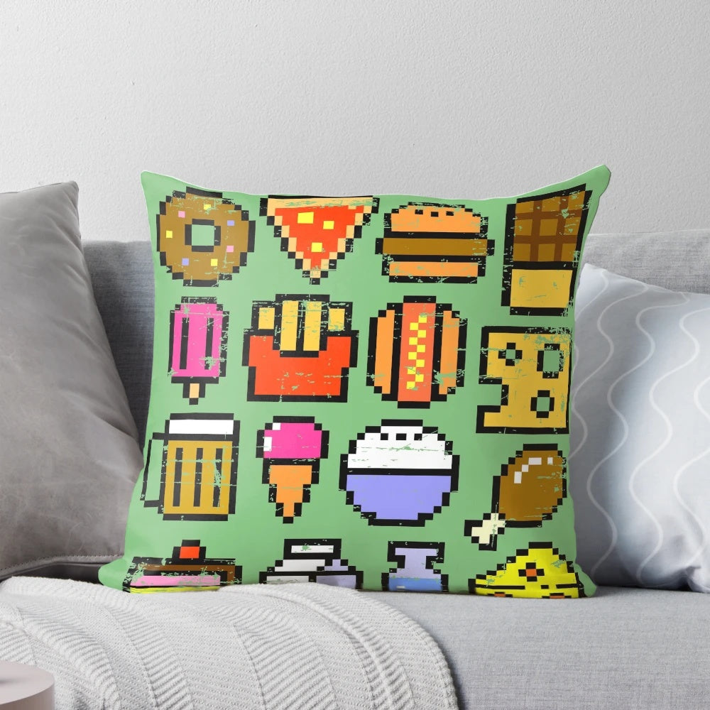 Retro 8 bit style food-themed distressed throw pillow