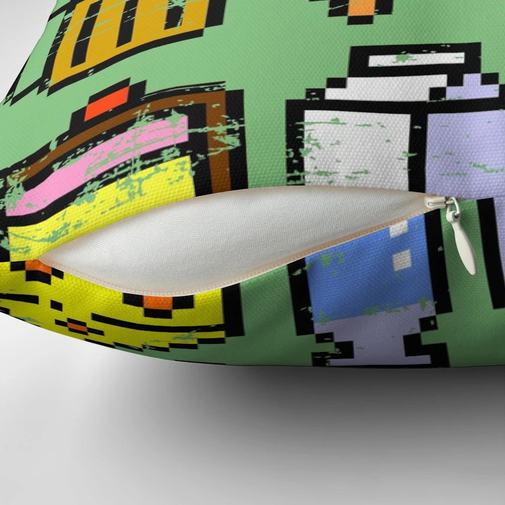 Retro 8 bit style food-themed distressed throw pillow