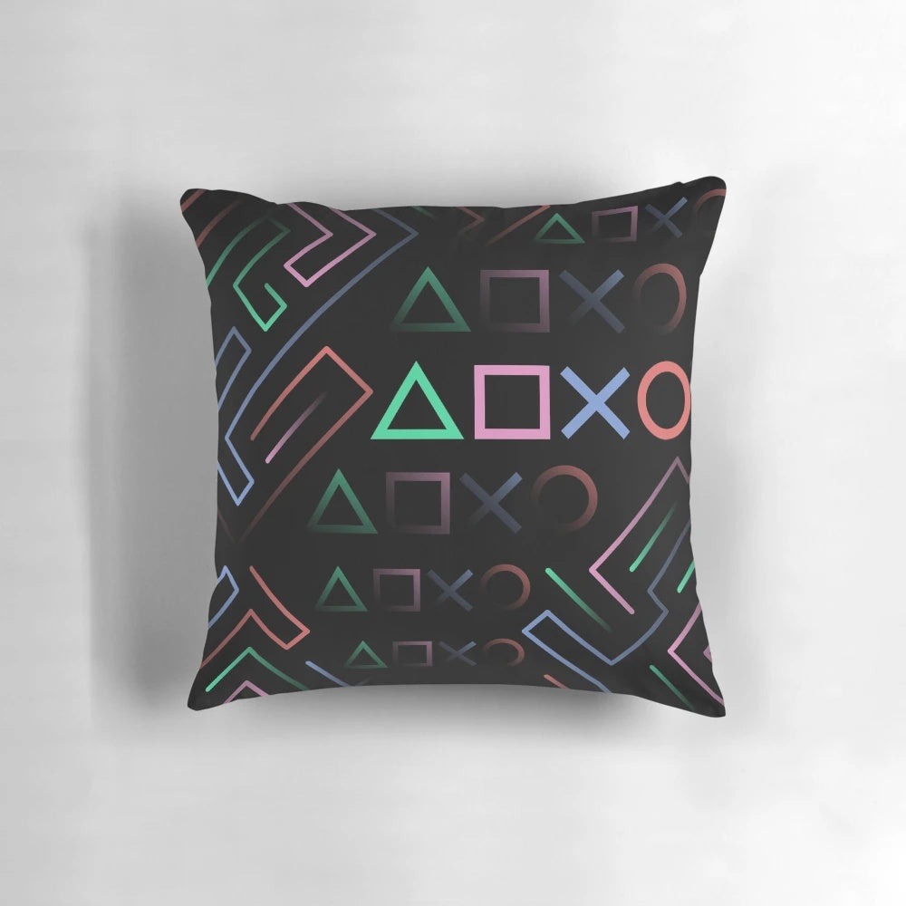 Vibrant digital art pillow featuring retro gaming icons in a synthwave-inspired design.