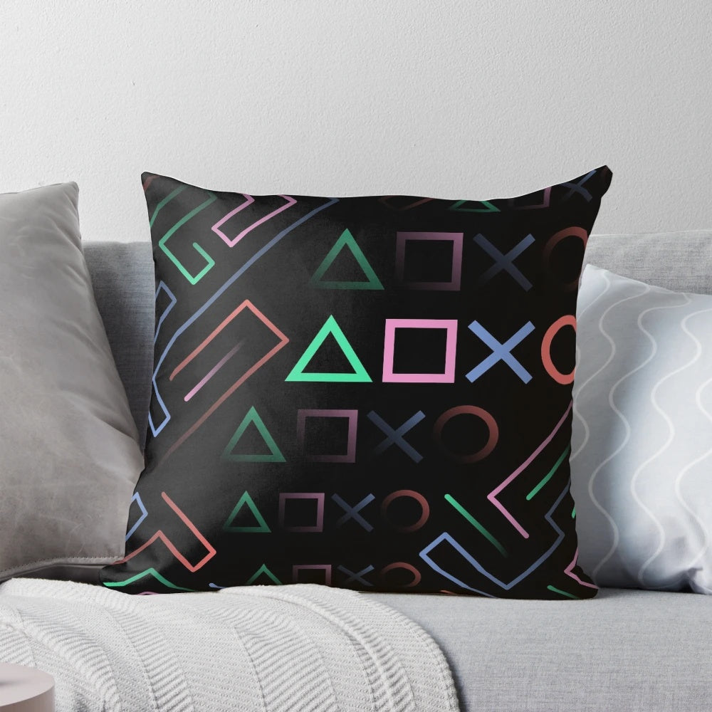 Vibrant digital art pillow featuring retro gaming icons in a synthwave-inspired design.
