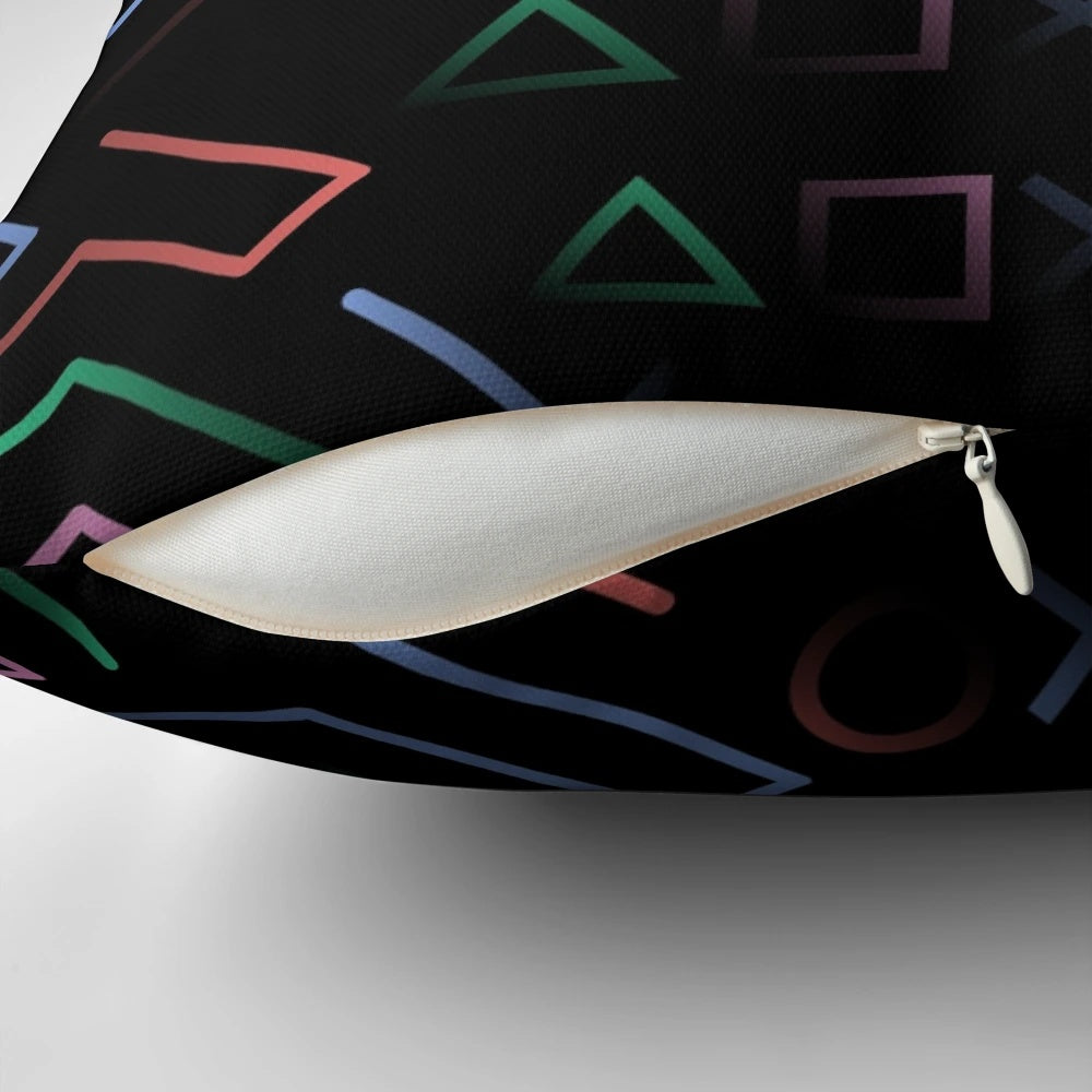Vibrant digital art pillow featuring retro gaming icons in a synthwave-inspired design.