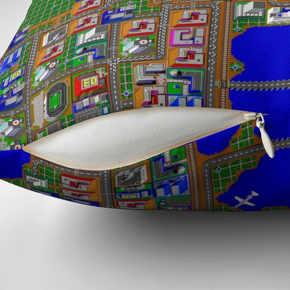 A high-definition pillow featuring the classic pixel art of the SimCity 2000 video game.