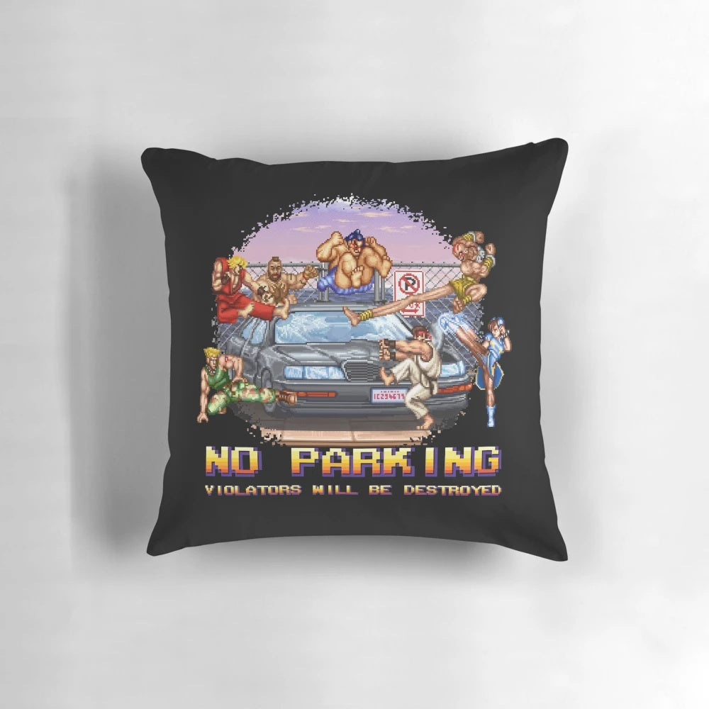 Vibrant 8-bit style pixel art pillow with the text "No Parking Violators Will Be Destroyed