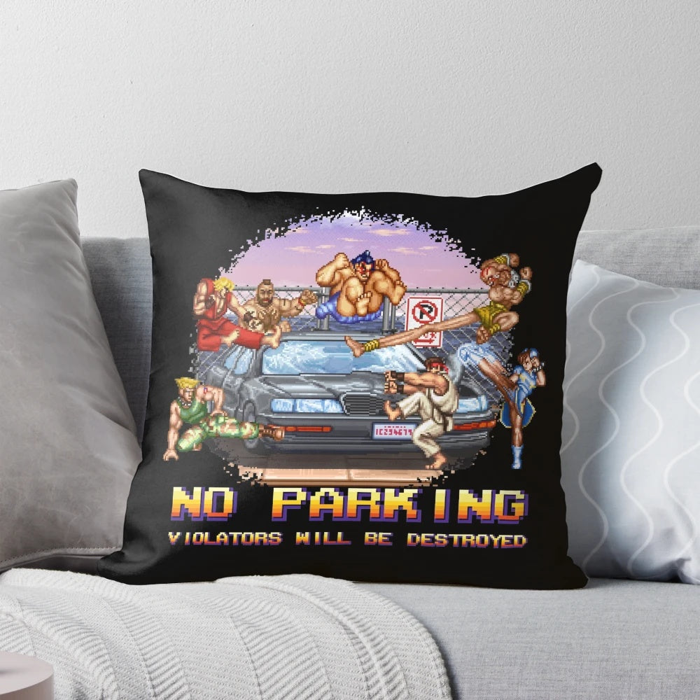 Vibrant 8-bit style pixel art pillow with the text "No Parking Violators Will Be Destroyed