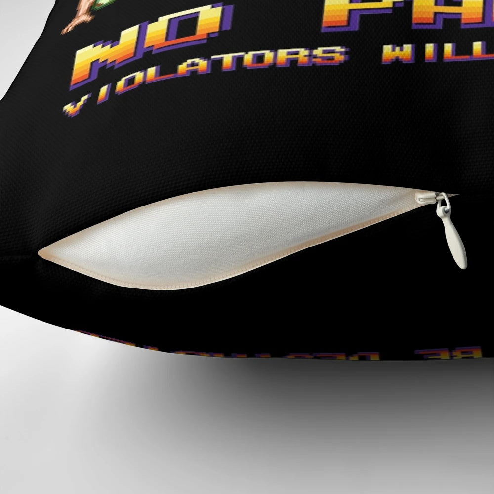 Vibrant 8-bit style pixel art pillow with the text "No Parking Violators Will Be Destroyed