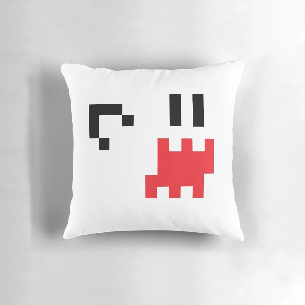 8-bit ghost pillow with retro video game style design